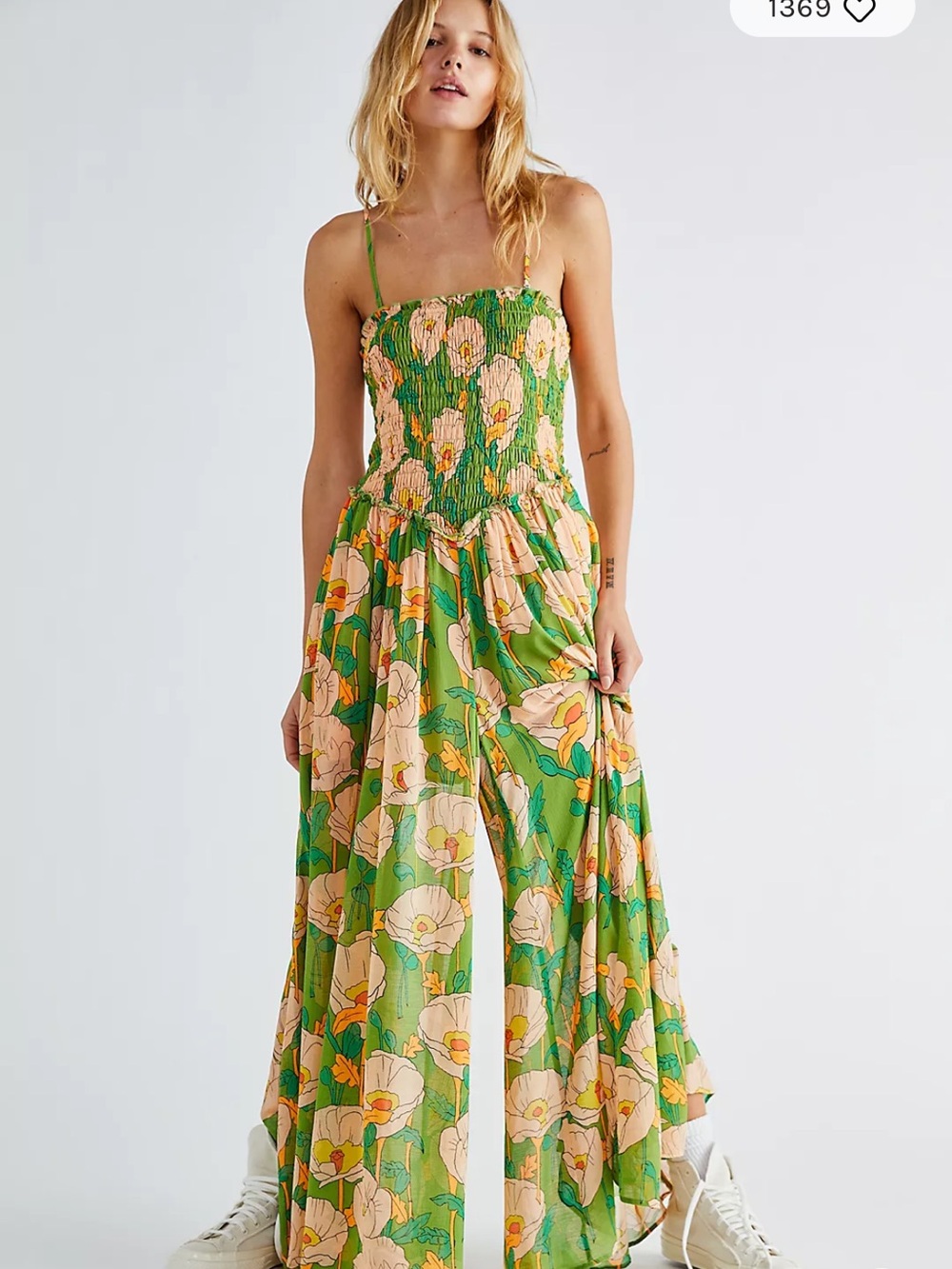 Free People Green Floral Smocked Maxi Jumpsuit with Peach Blooms